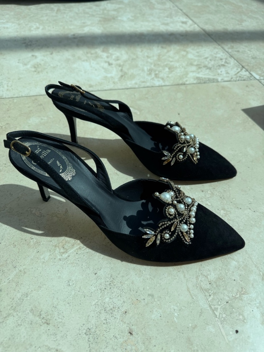 NEW Rene Caovilla Black Suede Pearl & Crystal Slingback Heels - Picture 4 of 6